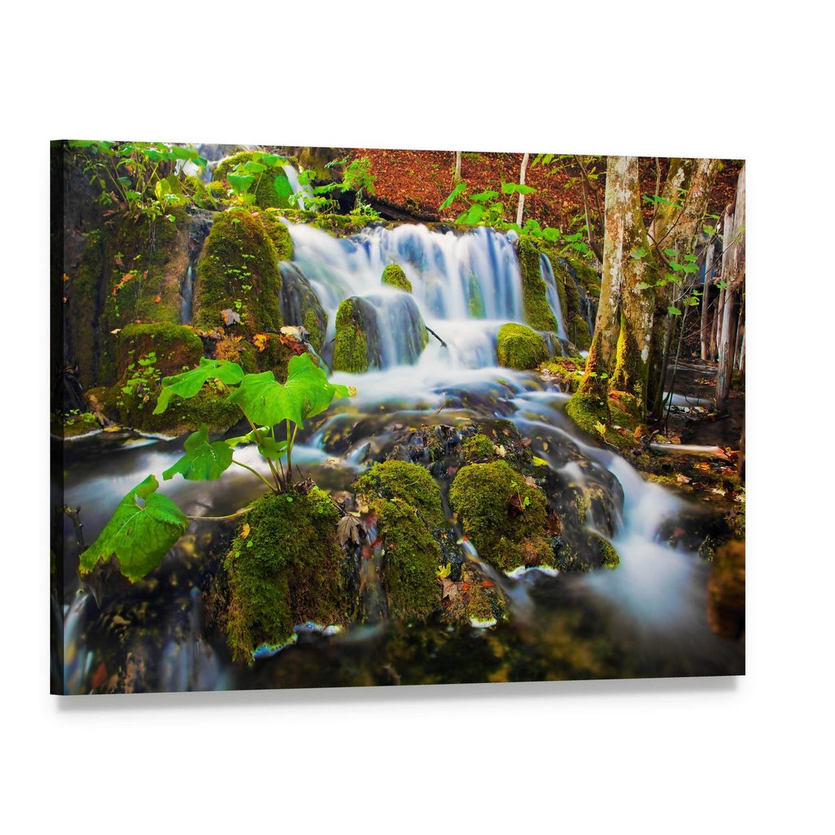 Tranquil Waterfall in Green Forest Canvas Wall Art, single panel gallery wrapped canvas, angled product view