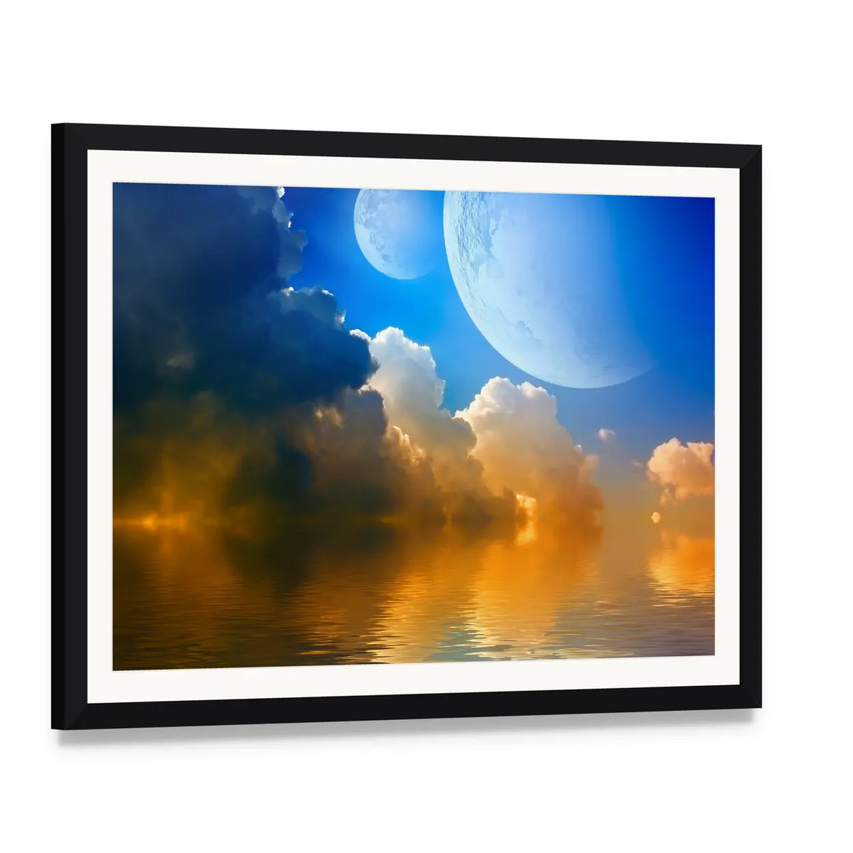 Two Moons and Glowing Clouds Canvas Wall Art, framed print with white mat and black frame, angled product view