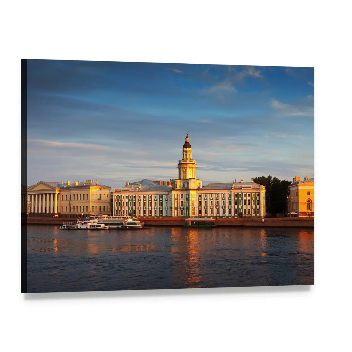 Island Sunset with Ornate Dome and Boats Canvas Wall Art, single panel gallery wrapped canvas, angled product view