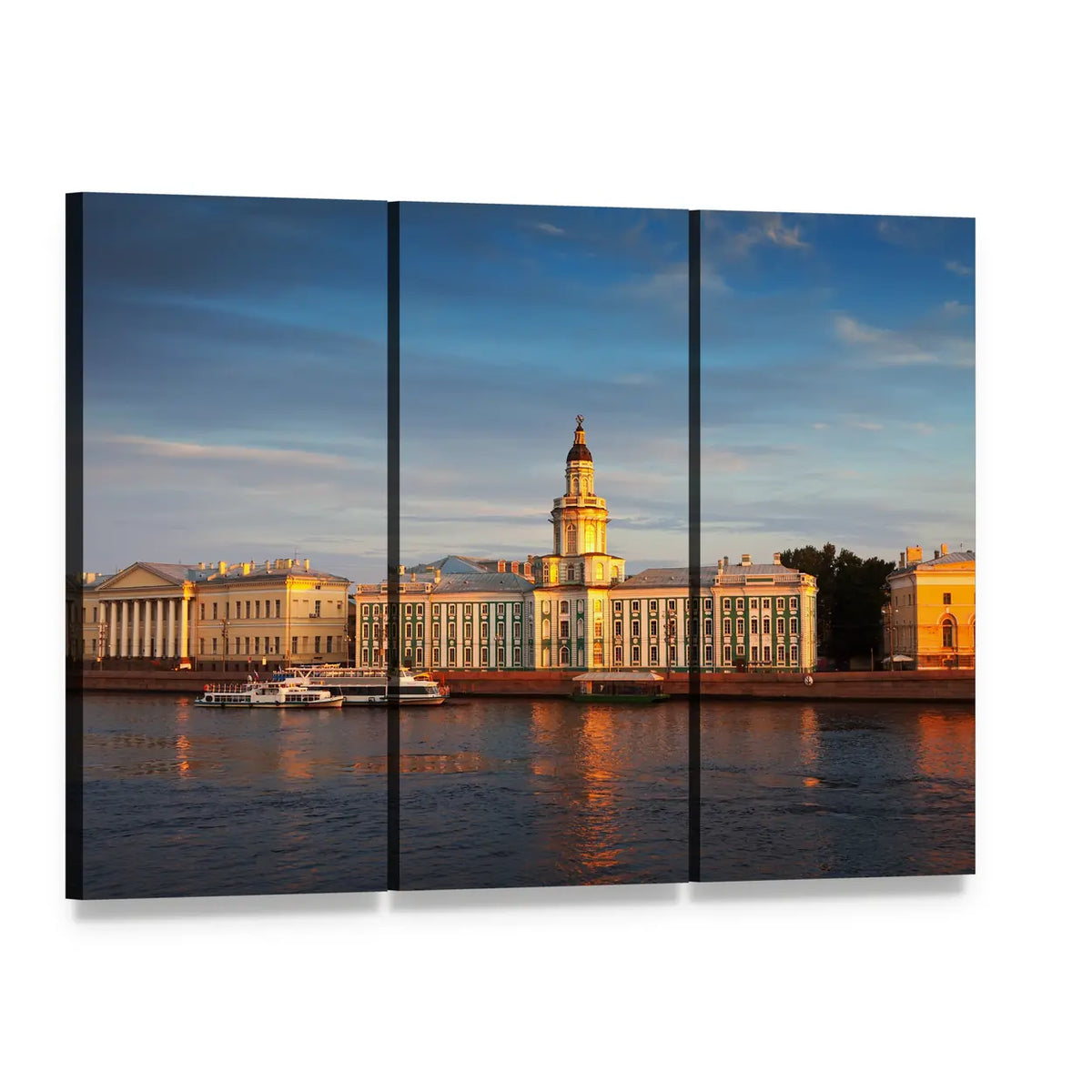 Island Sunset with Ornate Dome and Boats Canvas Wall Art, 3 panel 3 Horizontal layout gallery wrapped canvas set, angled product view