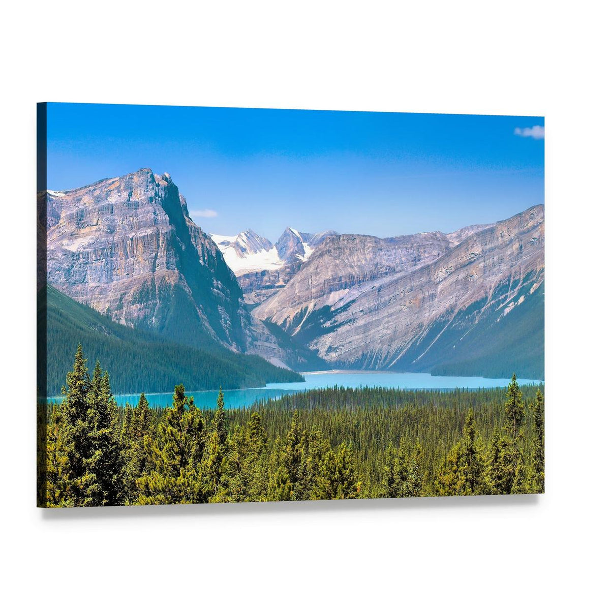 Turquoise Mountain Lake Landscape Canvas Wall Art, single panel gallery wrapped canvas, angled product view