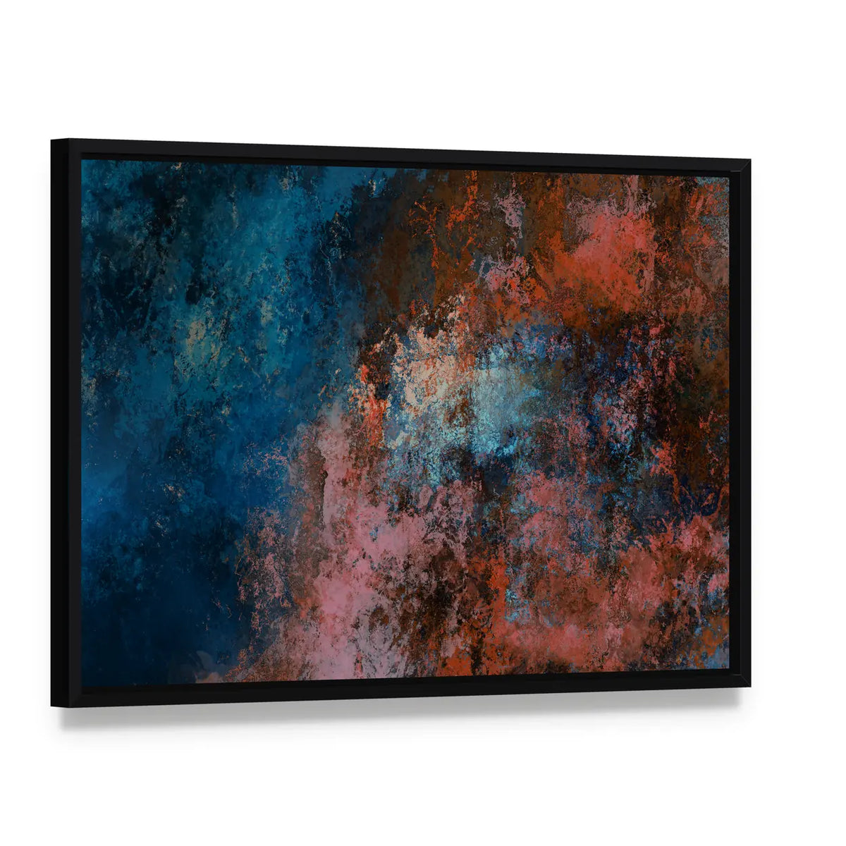 Blue to Copper Abstract Brushstrokes Canvas Wall Art, framed canvas in a black floater frame, angled product view