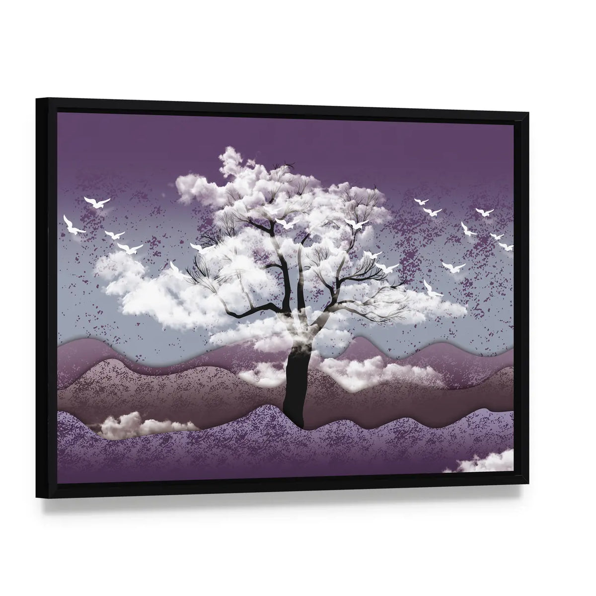 Cloud-leaf Tree Over Misty Lavender Hills Canvas Wall Art, framed canvas in a black floater frame, angled product view