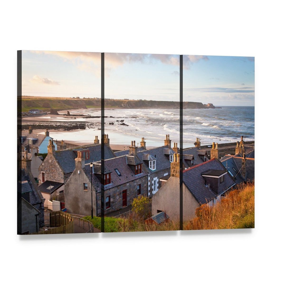 Cullen Town Scotland Canvas Wall Art, 3 panel 3 Horizontal layout gallery wrapped canvas set, angled product view