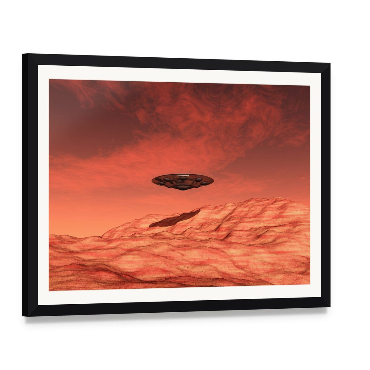 Spaceship on Mars Canvas Wall Art, framed print with white mat and black frame, angled product view
