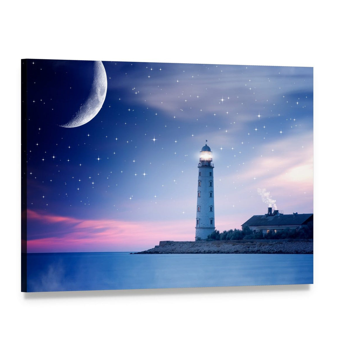 Lighthouse at Night Canvas Wall Art, single panel gallery wrapped canvas, angled product view