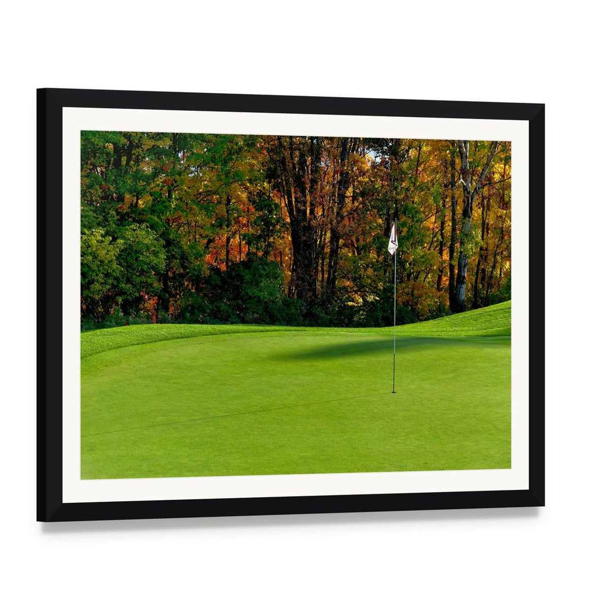 Golf Course Putting Green Canvas Wall Art, framed print with white mat and black frame, angled product view