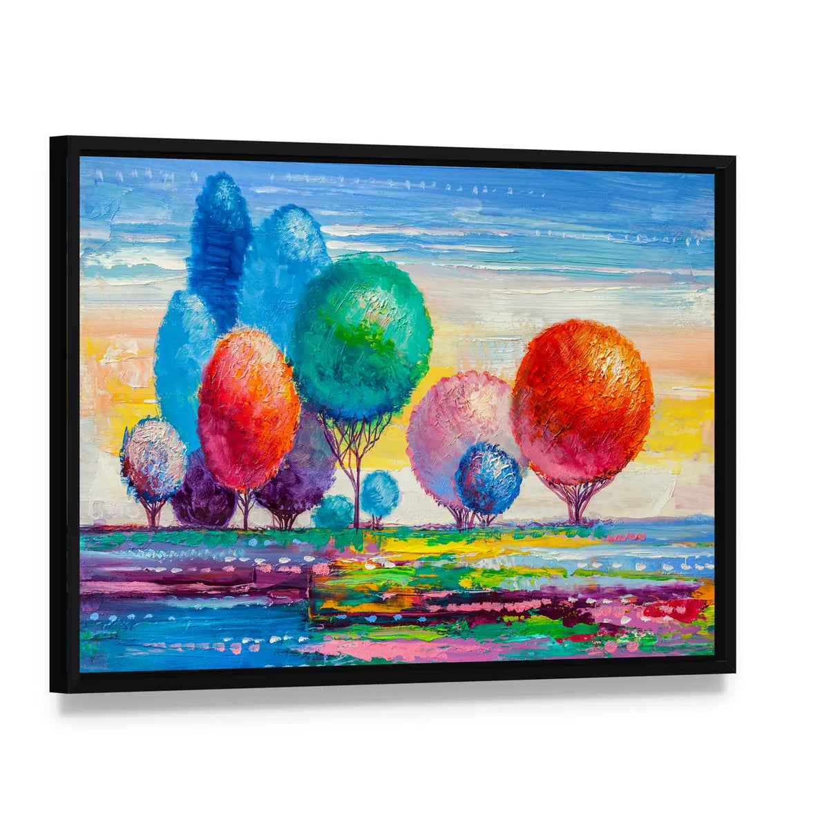 Colorful Autumn Meadow with Stylized Trees Canvas Wall Art, framed canvas in a black floater frame, angled product view