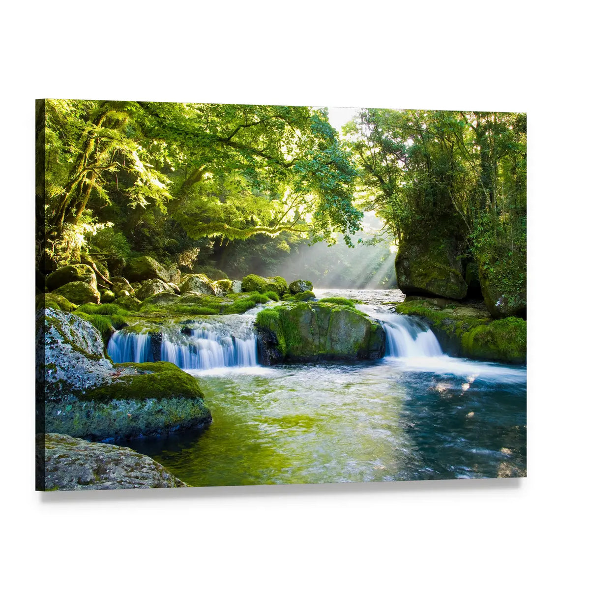 Sunbeams Over River and Mossy Rocks Canvas Wall Art, single panel gallery wrapped canvas, angled product view
