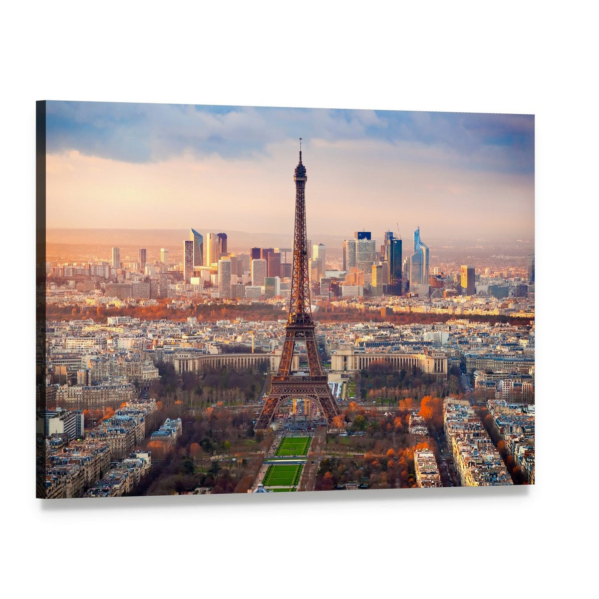 Eiffel Tower at Sunset Over Paris Canvas Wall Art, single panel gallery wrapped canvas, angled product view