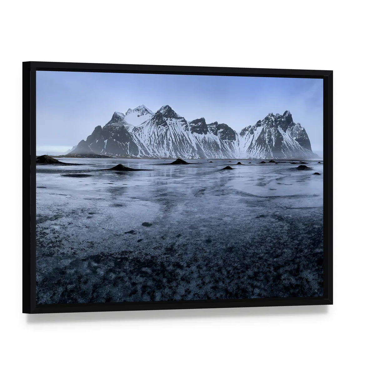Sand Dunes At Stoksnes Beach In Iceland Canvas Wall Art, framed canvas in a black floater frame, angled product view