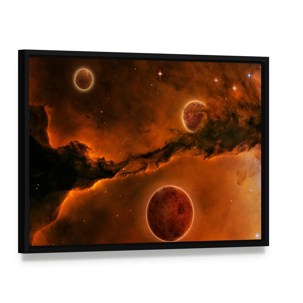 Three Planets Near a Nebula Canvas Wall Art, framed canvas in a black floater frame, angled product view