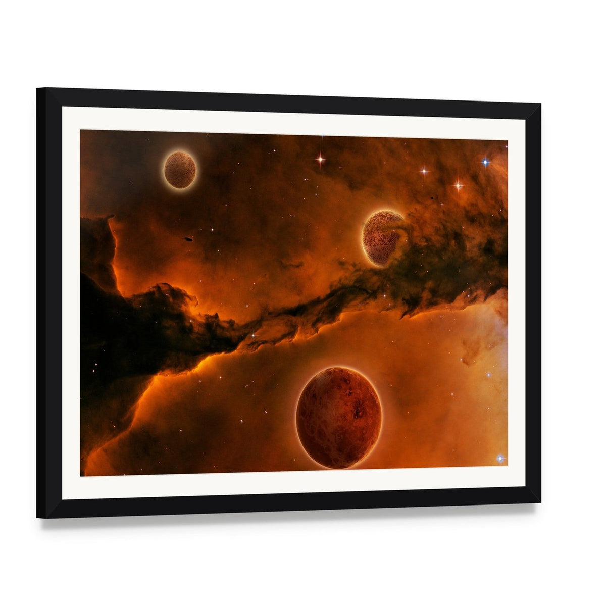 Three Planets Near a Nebula Canvas Wall Art, framed print with white mat and black frame, angled product view