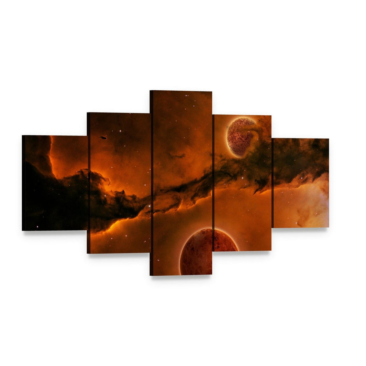 Three Planets Near a Nebula Canvas Wall Art, 5 panel 5 Star layout gallery wrapped canvas set, angled product view