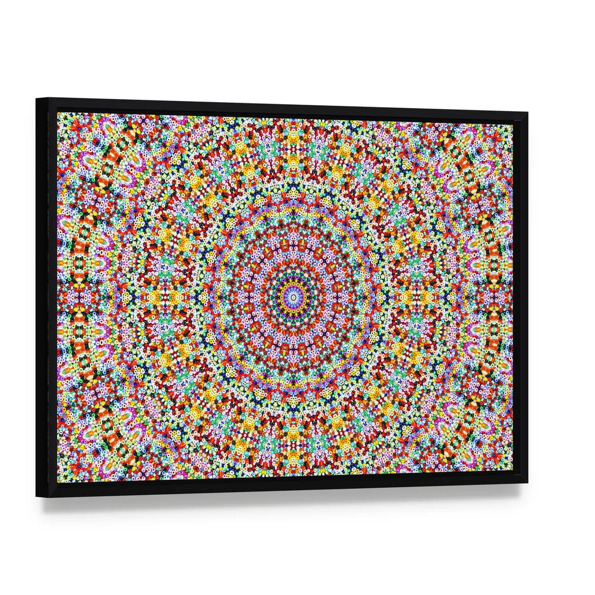 Universum Style Mandala Canvas Wall Art, framed canvas in a black floater frame, angled product view