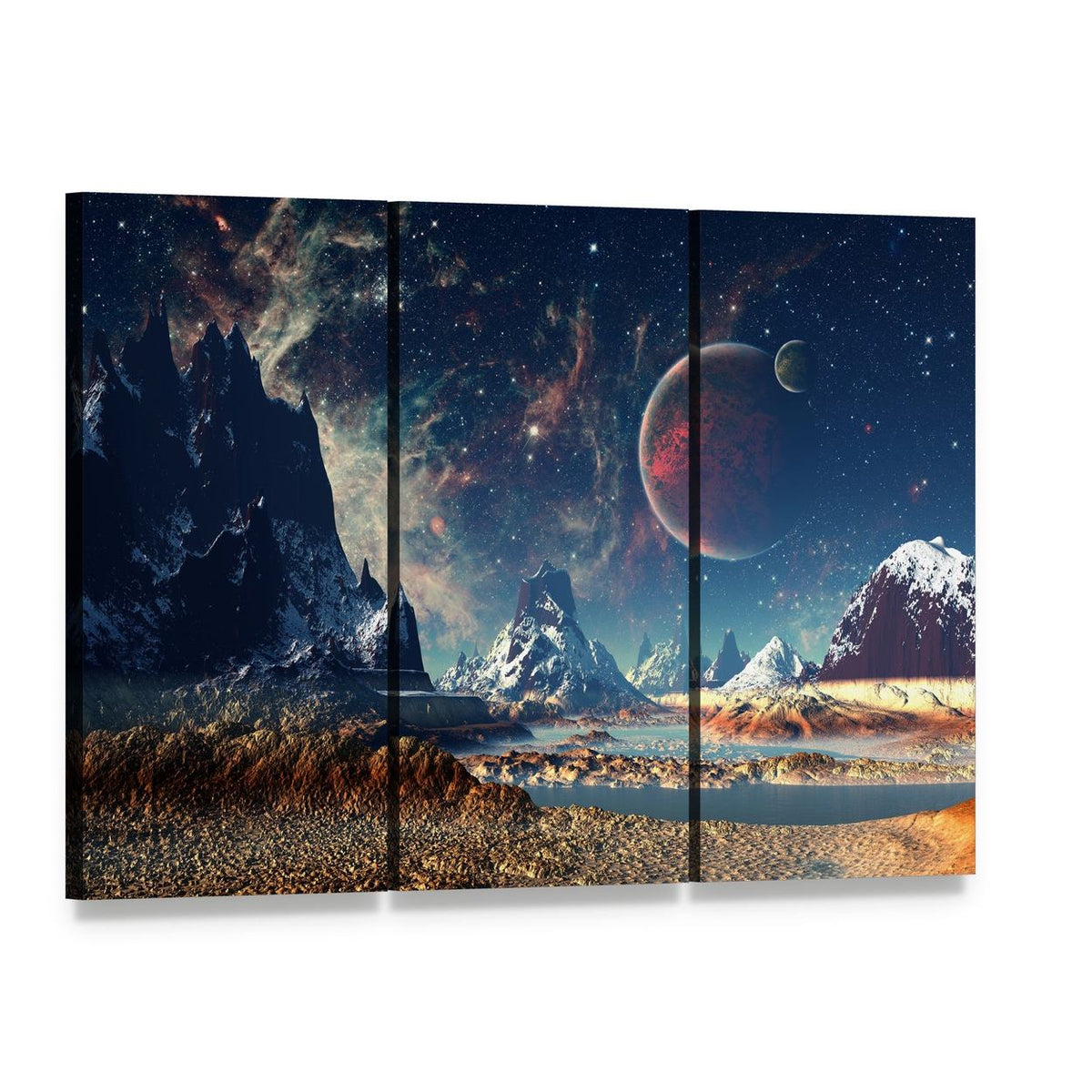 Alien Planet with Majestic Mountains Canvas Wall Art, 3 panel 3 Horizontal layout gallery wrapped canvas set, angled product view