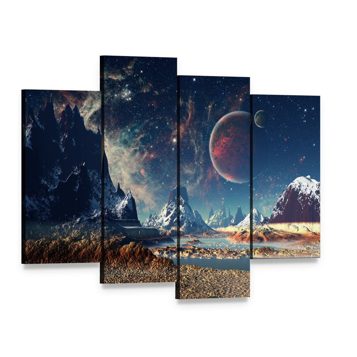 Alien Planet with Majestic Mountains Canvas Wall Art, 4 panel 4 Pop layout gallery wrapped canvas set, angled product view