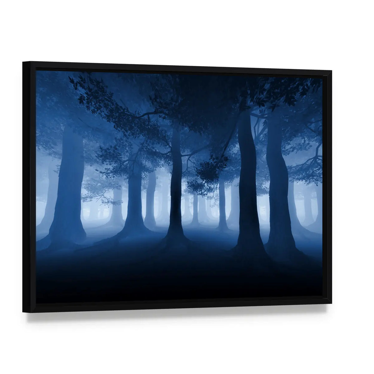 Dark Blue Forest With A Ray Of Light Canvas Wall Art, framed canvas in a black floater frame, angled product view