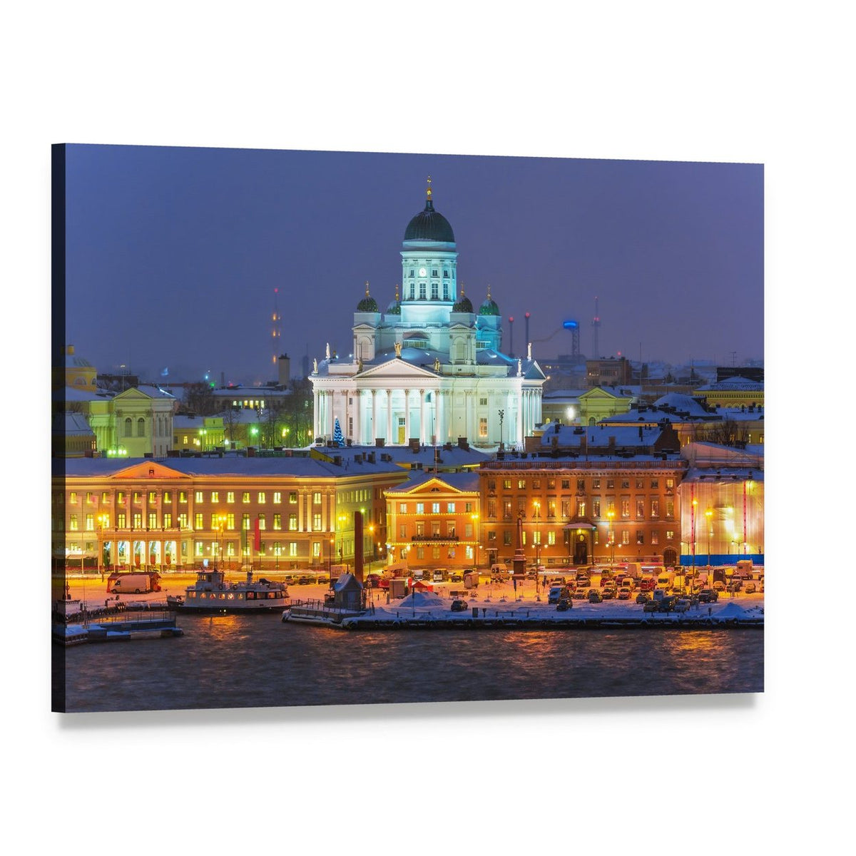 Winter Night at Helsinki Harbor Canvas Wall Art, single panel gallery wrapped canvas, angled product view