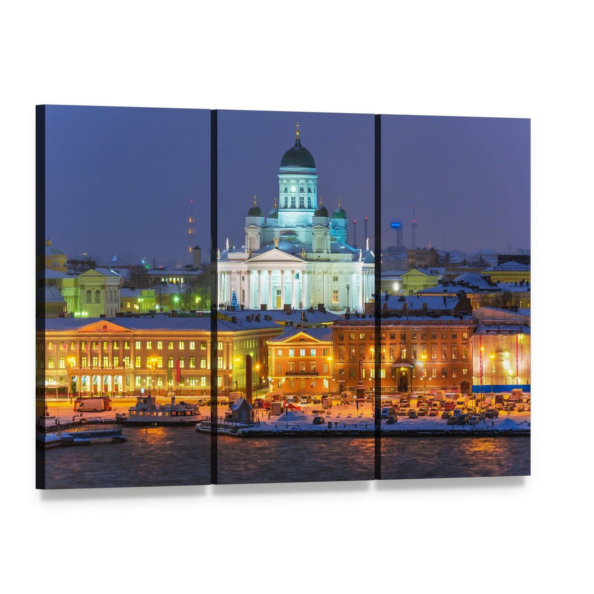 Winter Night at Helsinki Harbor Canvas Wall Art, 3 panel 3 Horizontal layout gallery wrapped canvas set, angled product view