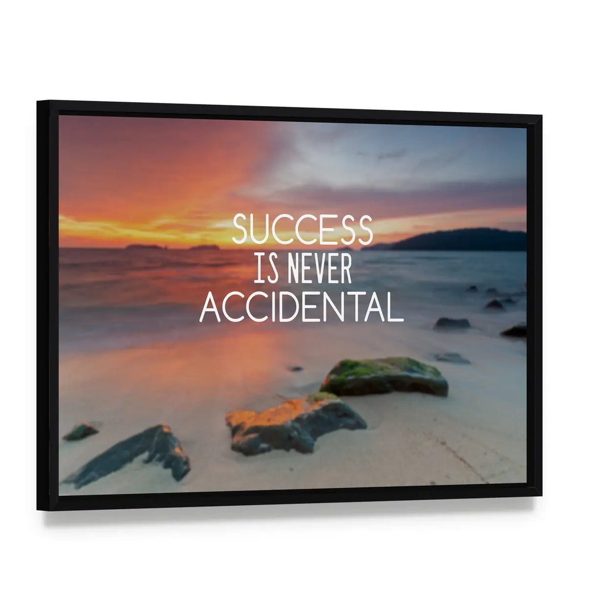 Success Is Never Accidental Beach Quote Canvas Wall Art, framed canvas in a black floater frame, angled product view