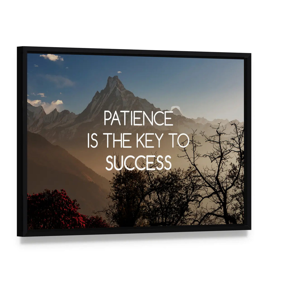 Patience Is the Key to Success Canvas Wall Art, framed canvas in a black floater frame, angled product view