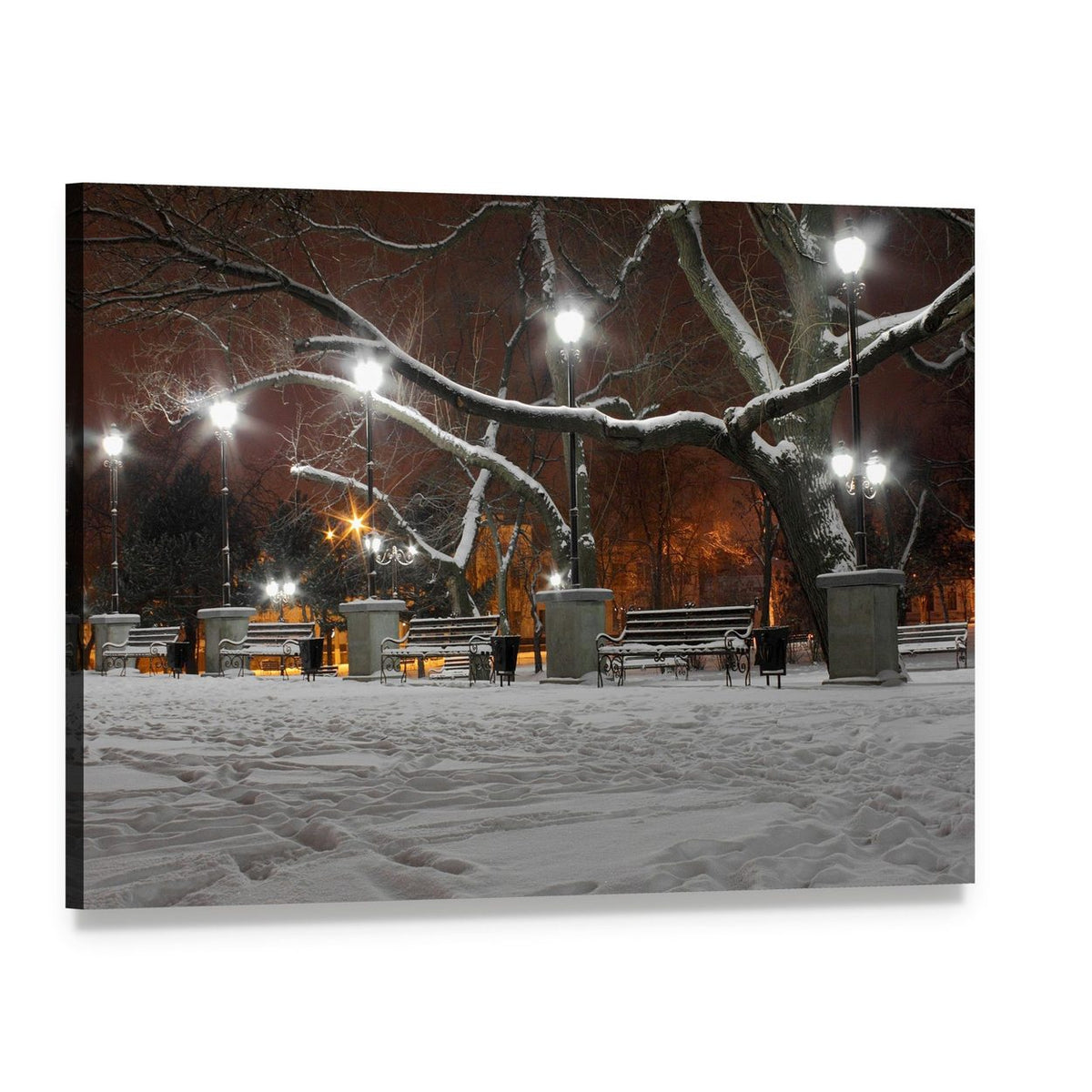 Snowy Park with Glowing Lanterns at Night Canvas Wall Art, single panel gallery wrapped canvas, angled product view