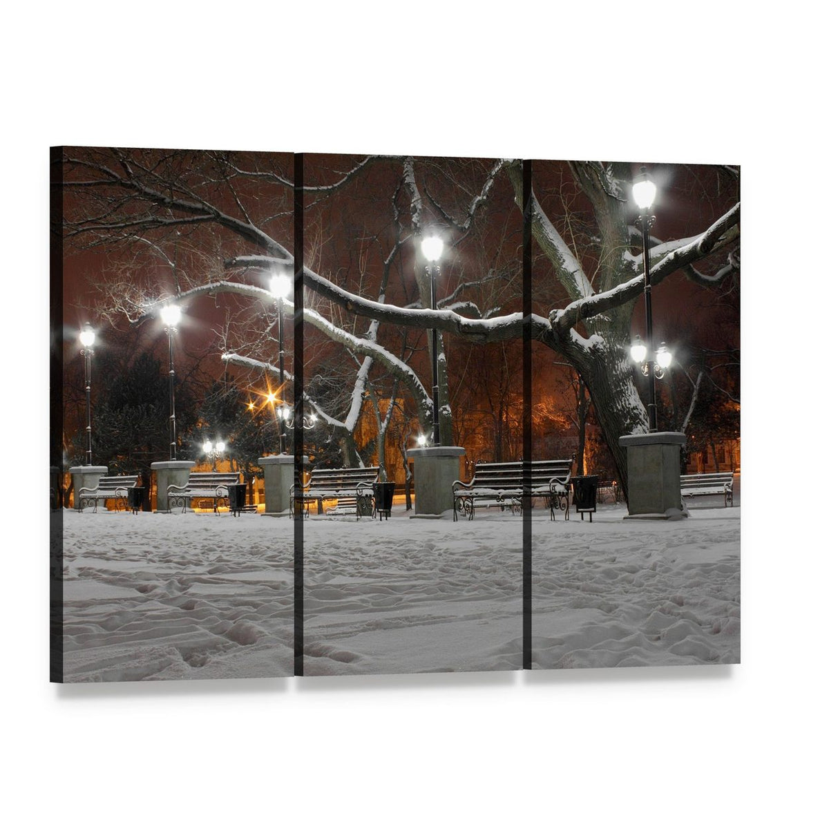 Snowy Park with Glowing Lanterns at Night Canvas Wall Art, 3 panel 3 Horizontal layout gallery wrapped canvas set, angled product view