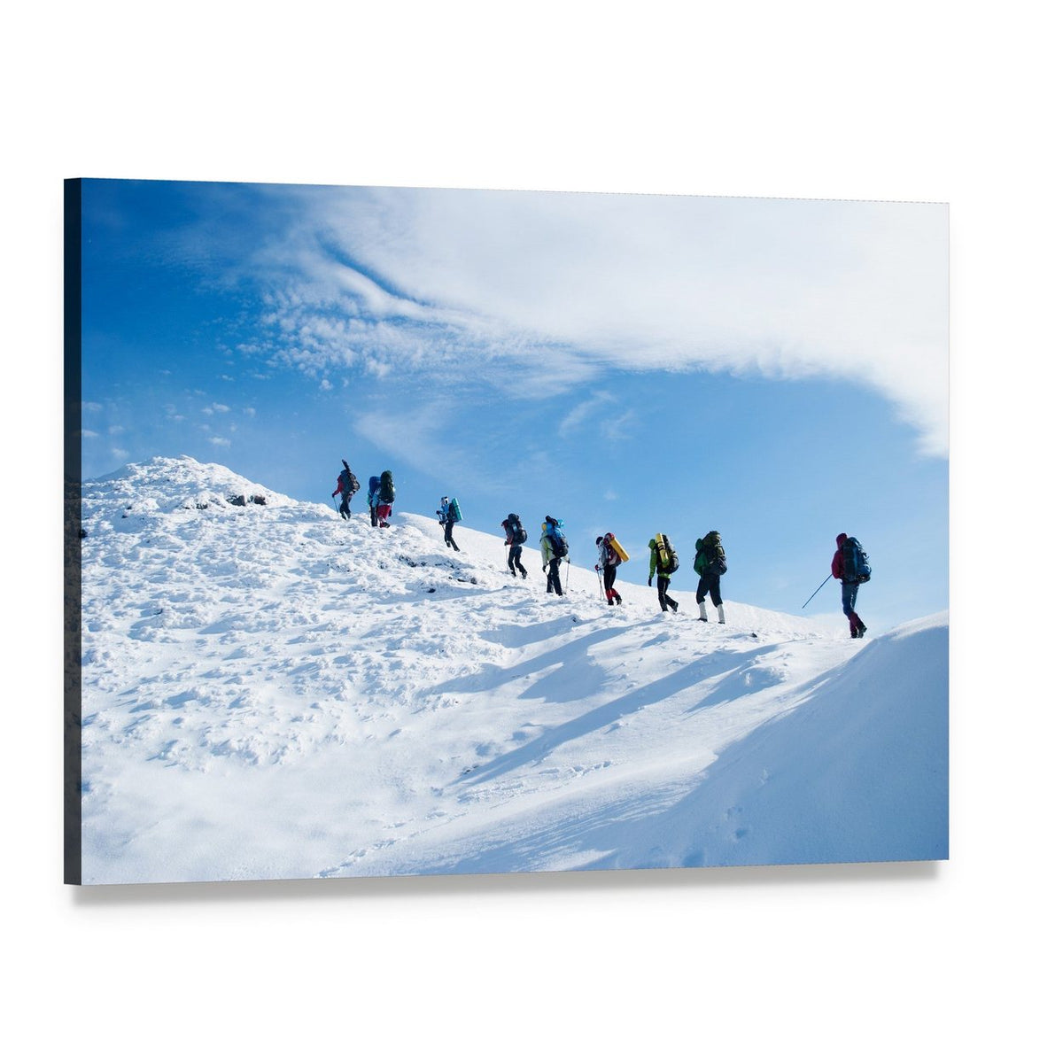 Hikers Ascending Snowy Mountain Canvas Wall Art, single panel gallery wrapped canvas, angled product view