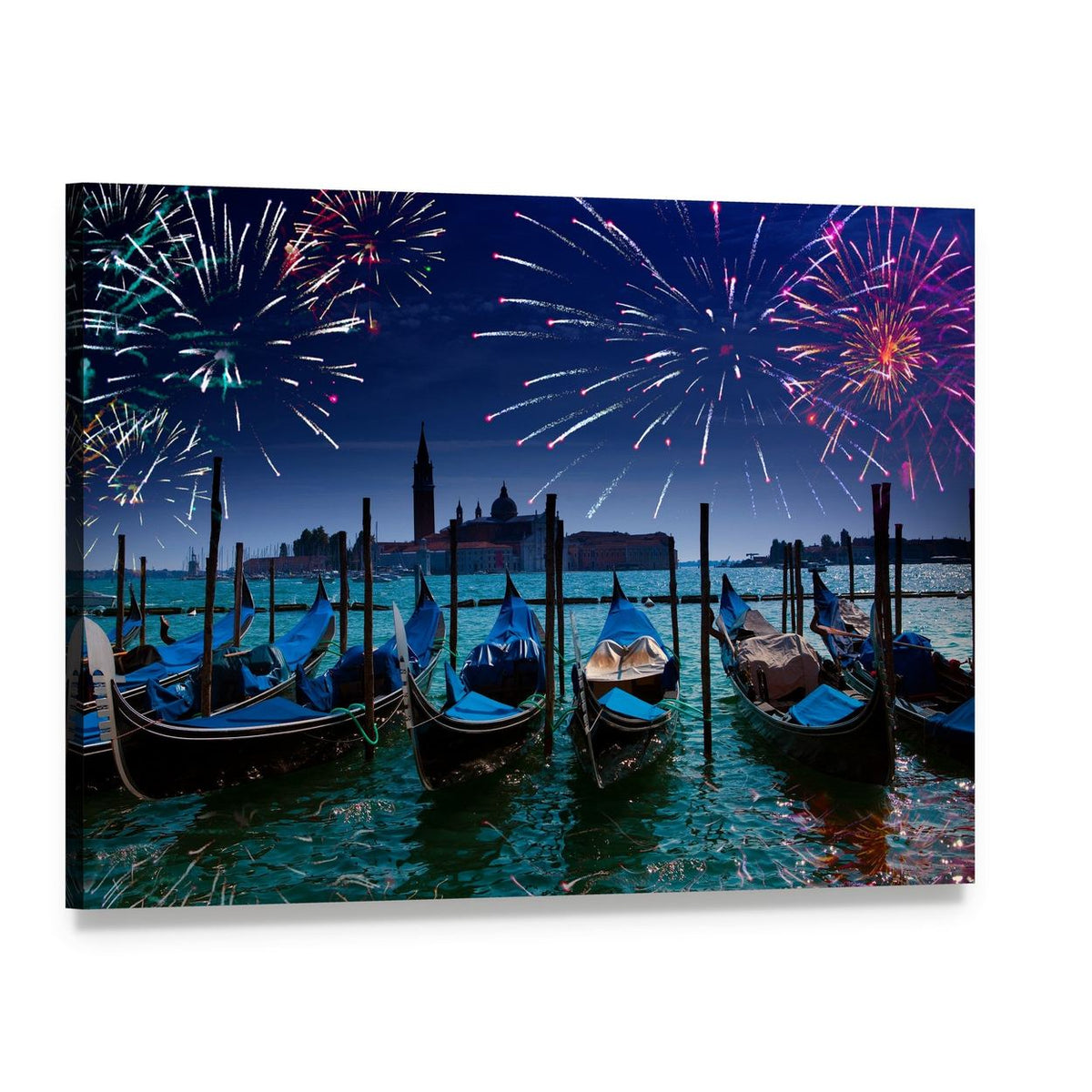 Fireworks Over Venetian Canal Canvas Wall Art, single panel gallery wrapped canvas, angled product view