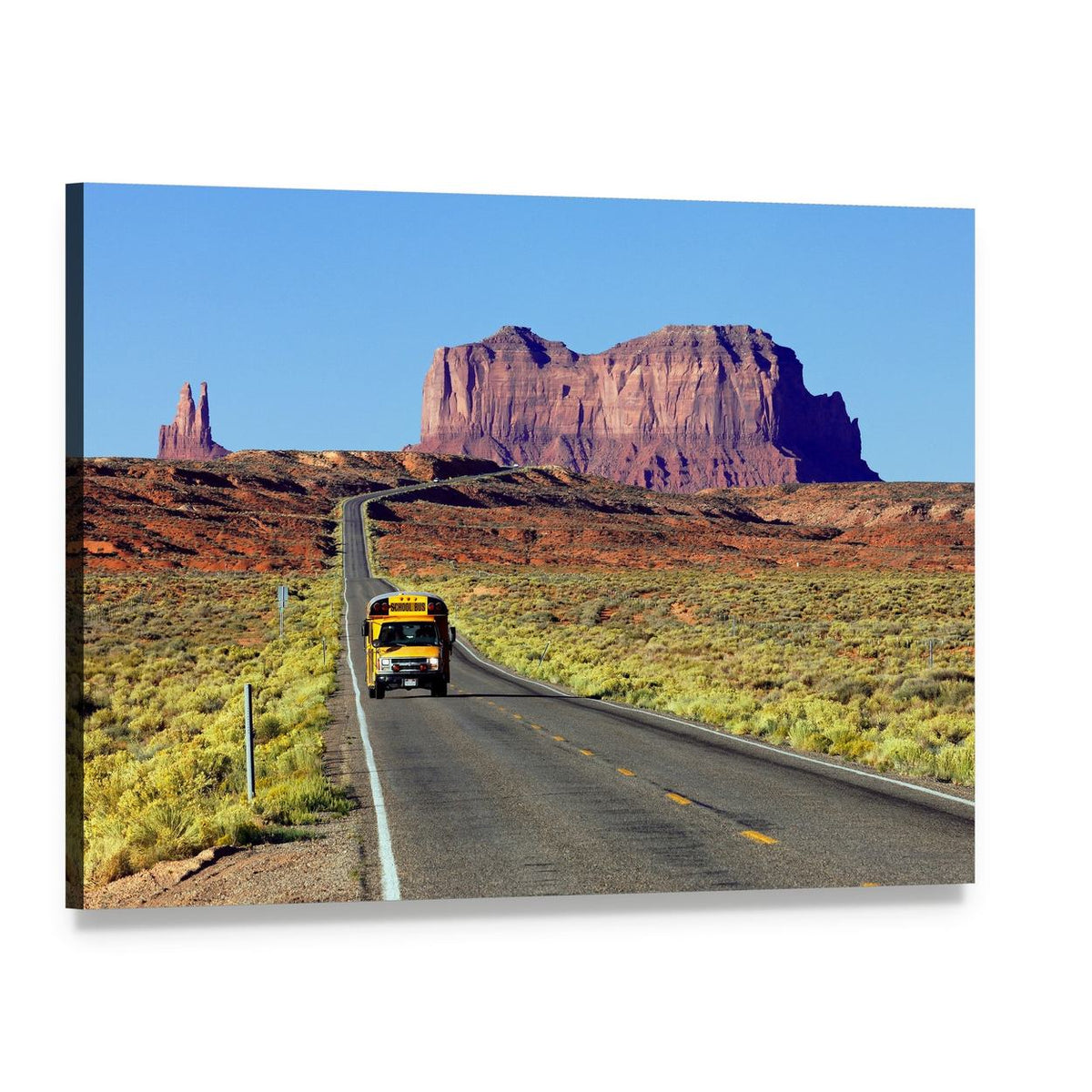 Yellow School Bus on Desert Road Canvas Wall Art, single panel gallery wrapped canvas, angled product view