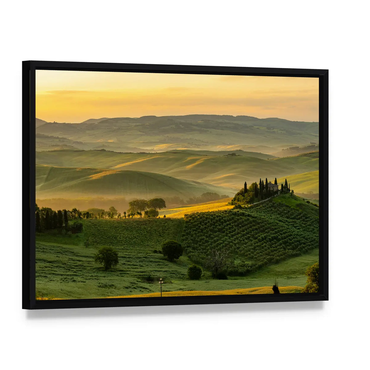 Tuscany Rolling Hills with Cypress Trees Canvas Wall Art, framed canvas in a black floater frame, angled product view