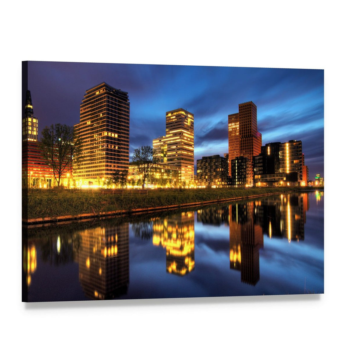 Amsterdam Nighttime Cityscape Canvas Wall Art, single panel gallery wrapped canvas, angled product view