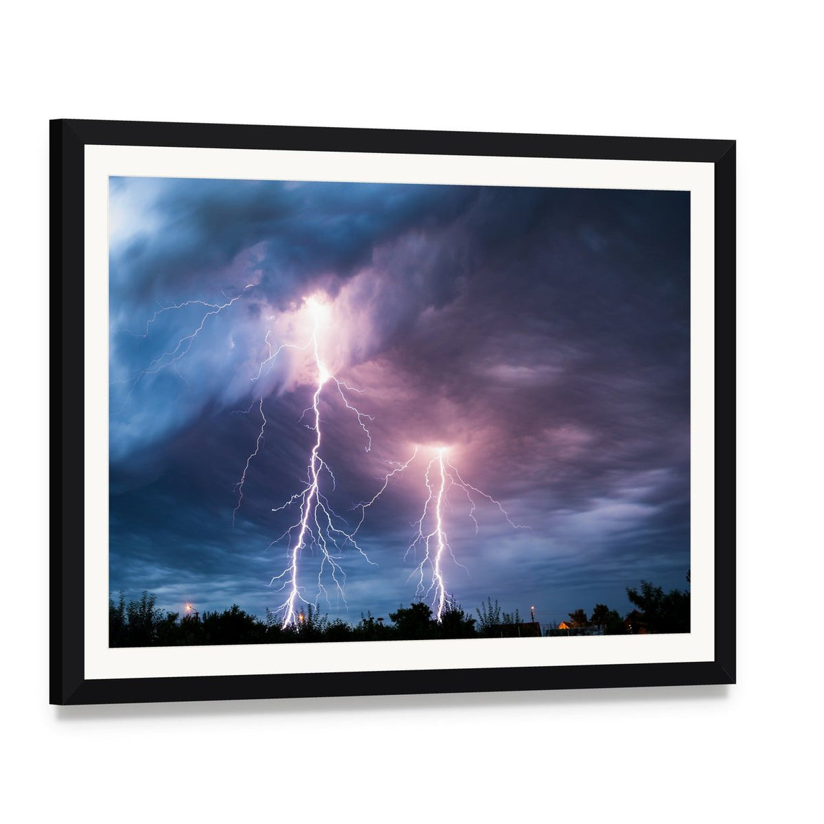 Dramatic Lightning Strike Over Dark Clouds Canvas Wall Art, framed print with white mat and black frame, angled product view