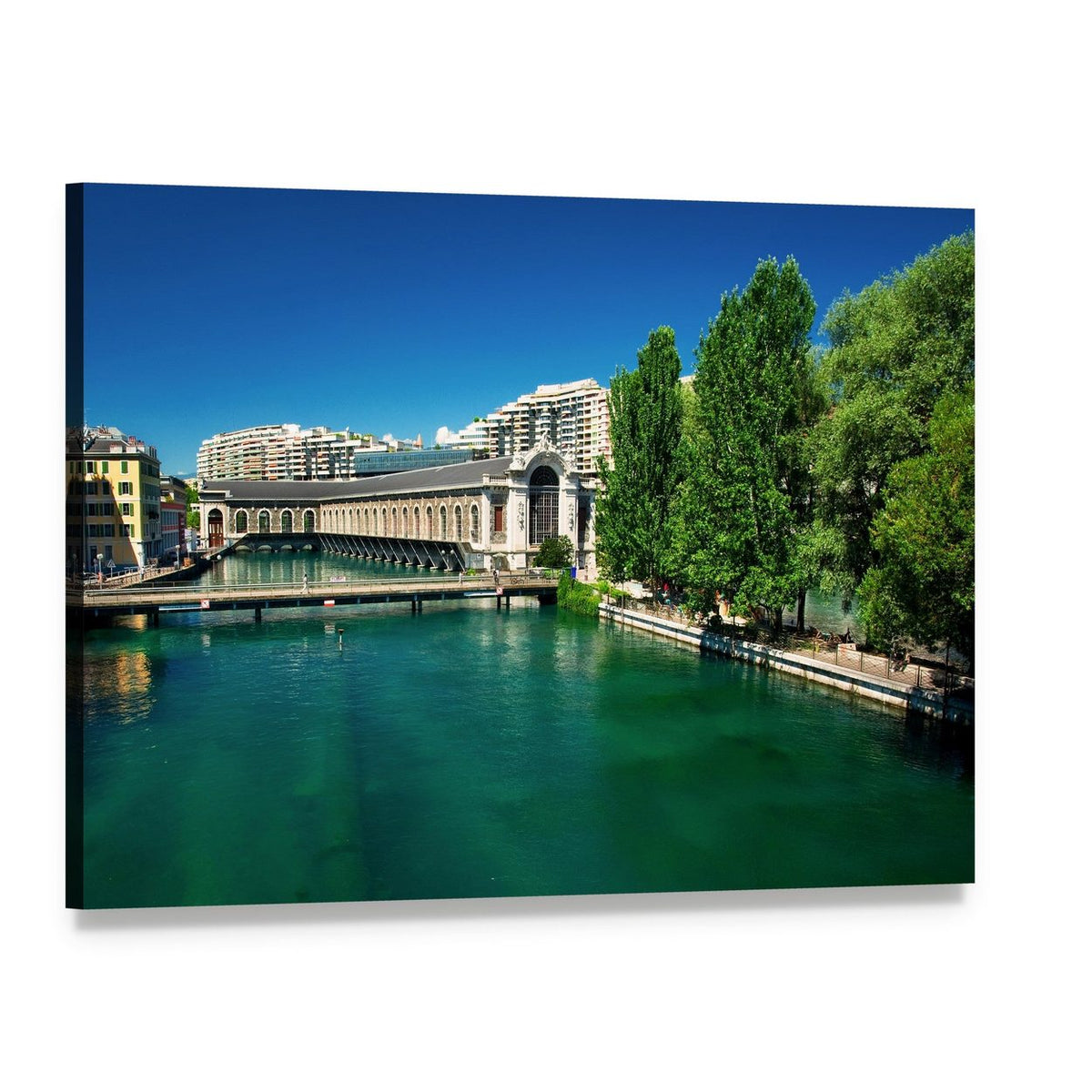 Geneva Arched Bridge Over Emerald River Canvas Wall Art, single panel gallery wrapped canvas, angled product view
