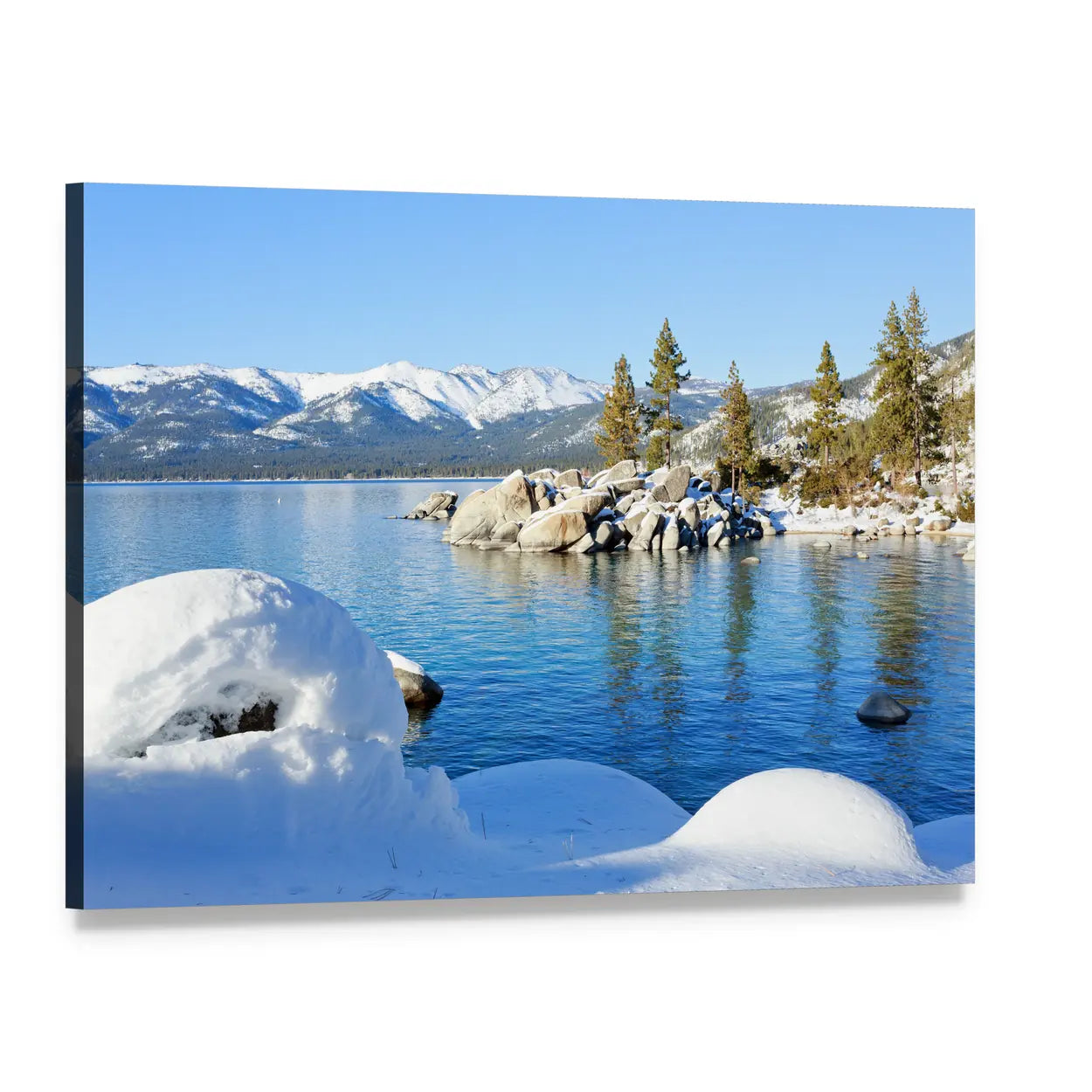 Winter at Lake Tahoe Canvas Wall Art, single panel gallery wrapped canvas, angled product view
