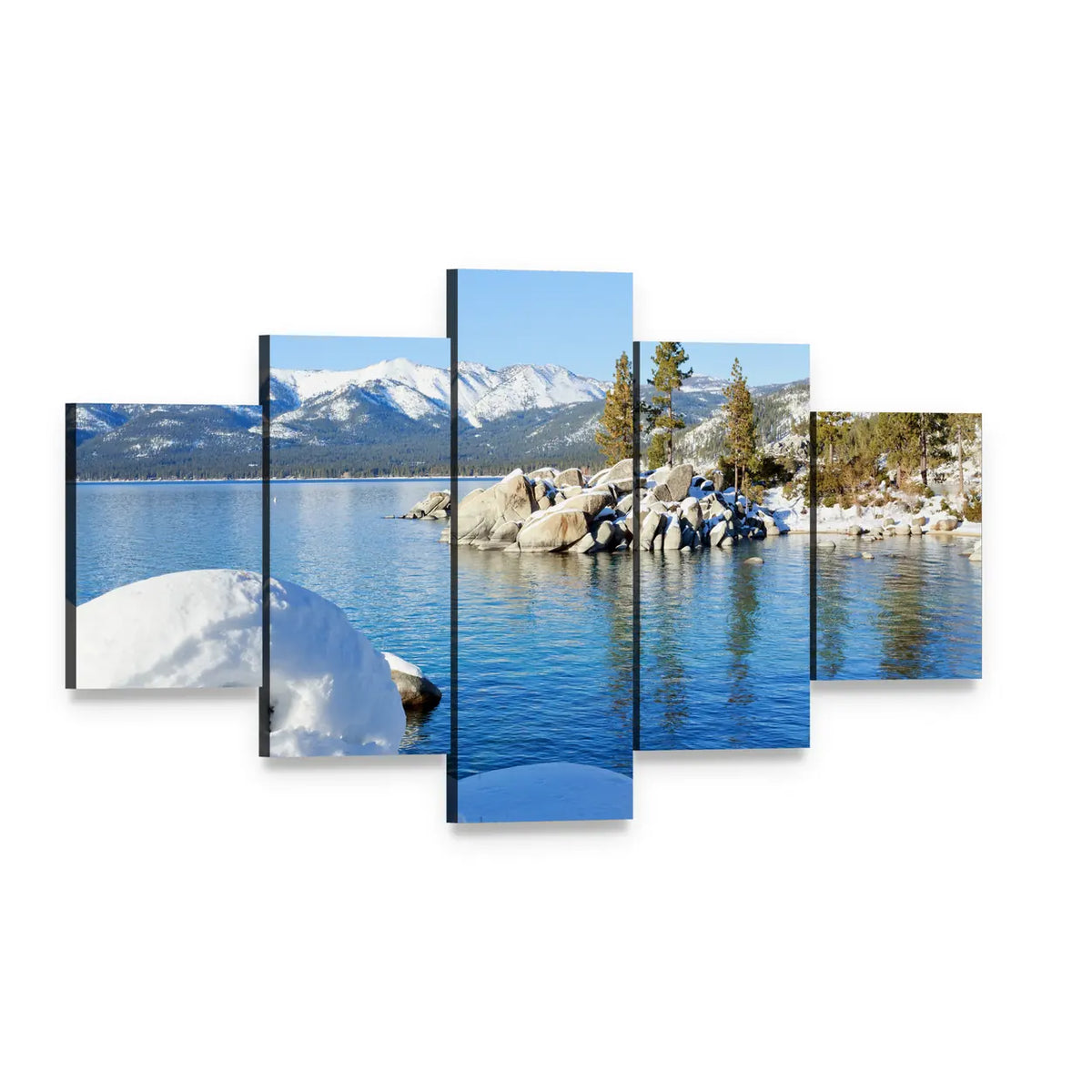 Winter at Lake Tahoe Canvas Wall Art, 5 panel 5 Star layout gallery wrapped canvas set, angled product view