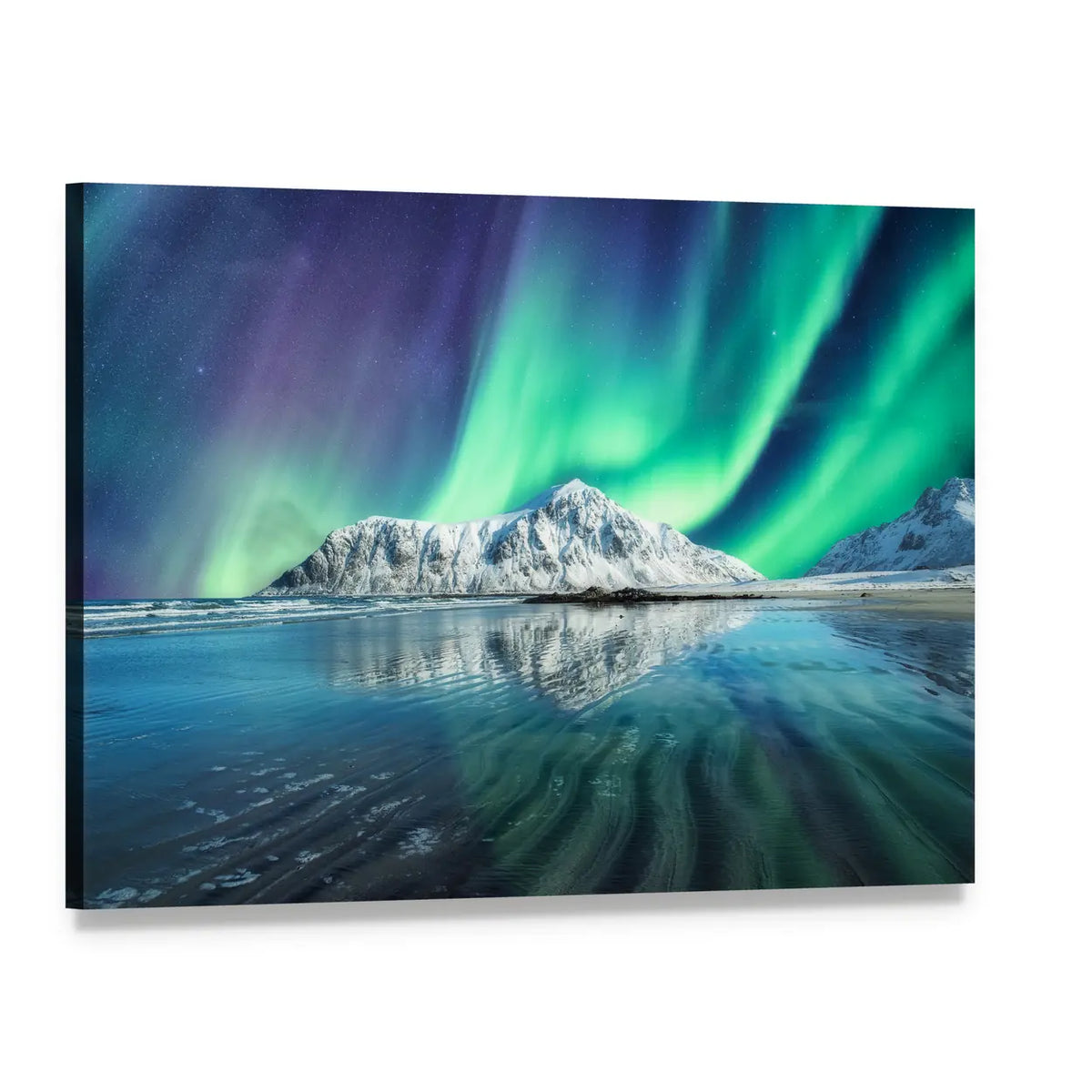 Northern Lights On Snowy Mountain In Lofoten Islands Canvas Wall Art, single panel gallery wrapped canvas, angled product view