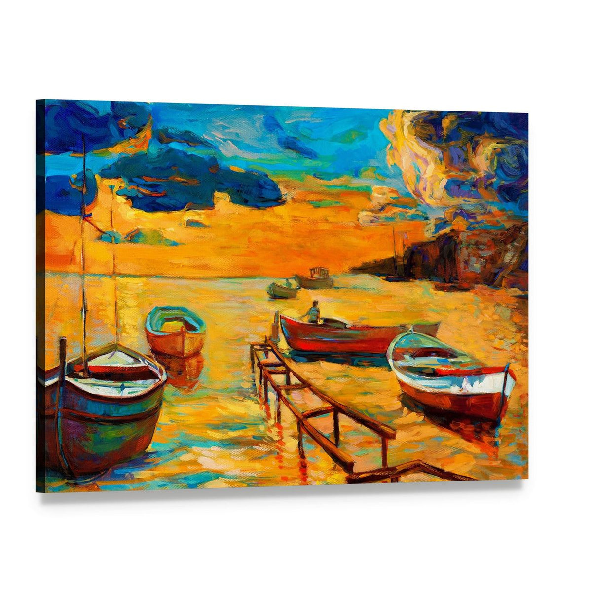 Watercolor Sketch of Boat and Jetty Canvas Wall Art, single panel gallery wrapped canvas, angled product view