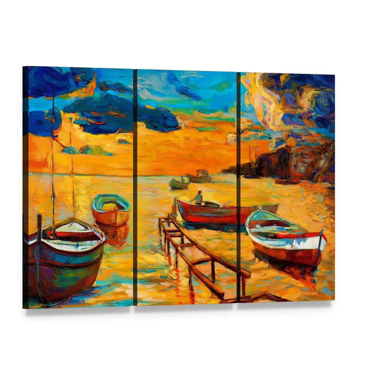 Watercolor Sketch of Boat and Jetty Canvas Wall Art, 3 panel 3 Horizontal layout gallery wrapped canvas set, angled product view