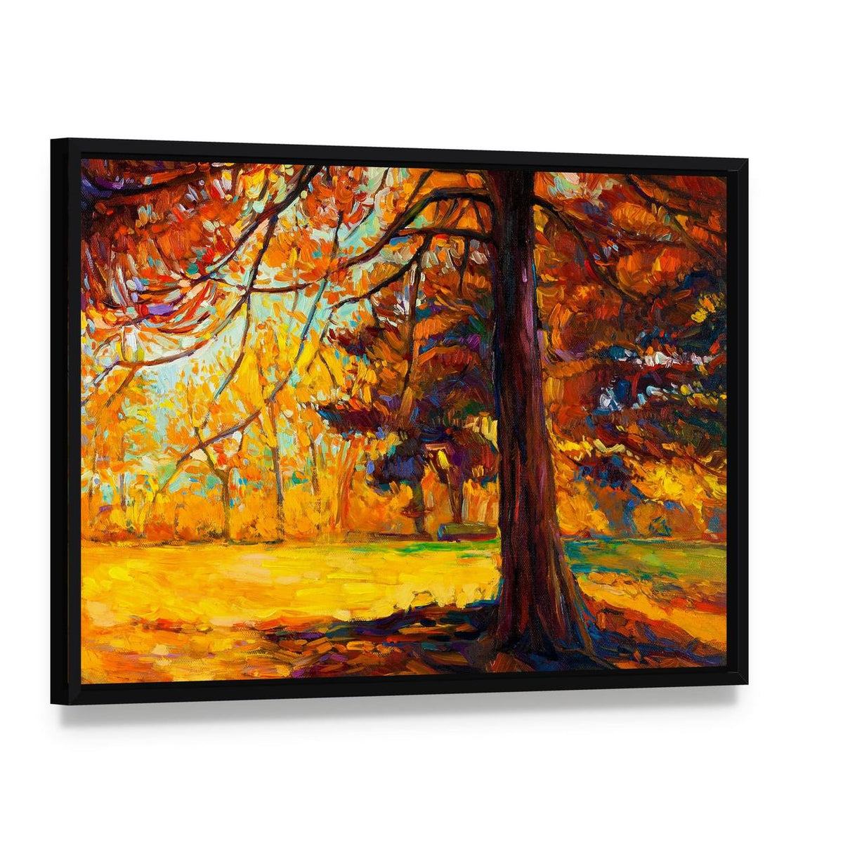 Big Tree in Autumn Canvas Wall Art, framed canvas in a black floater frame, angled product view