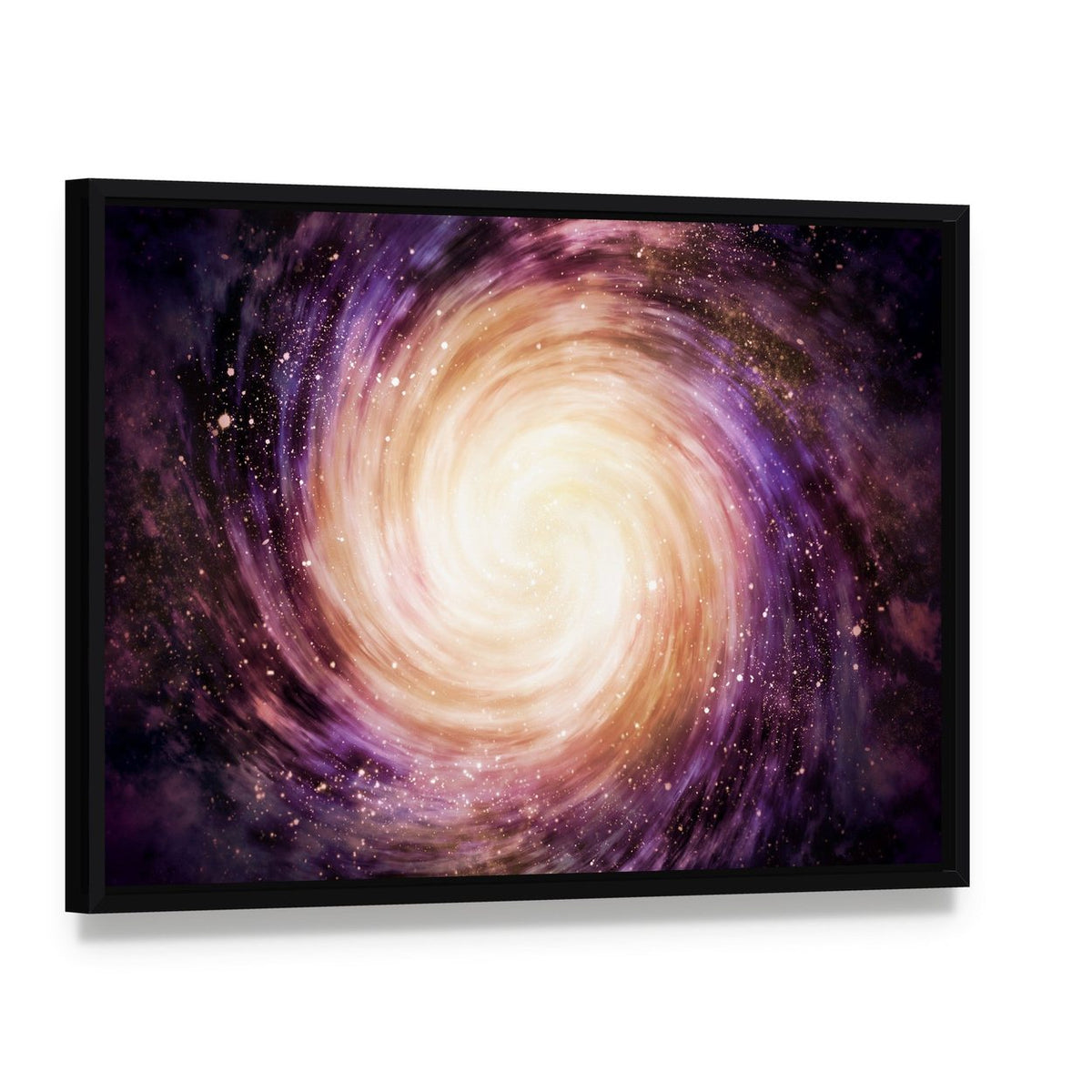Distant Spiral Galaxy Canvas Wall Art, framed canvas in a black floater frame, angled product view