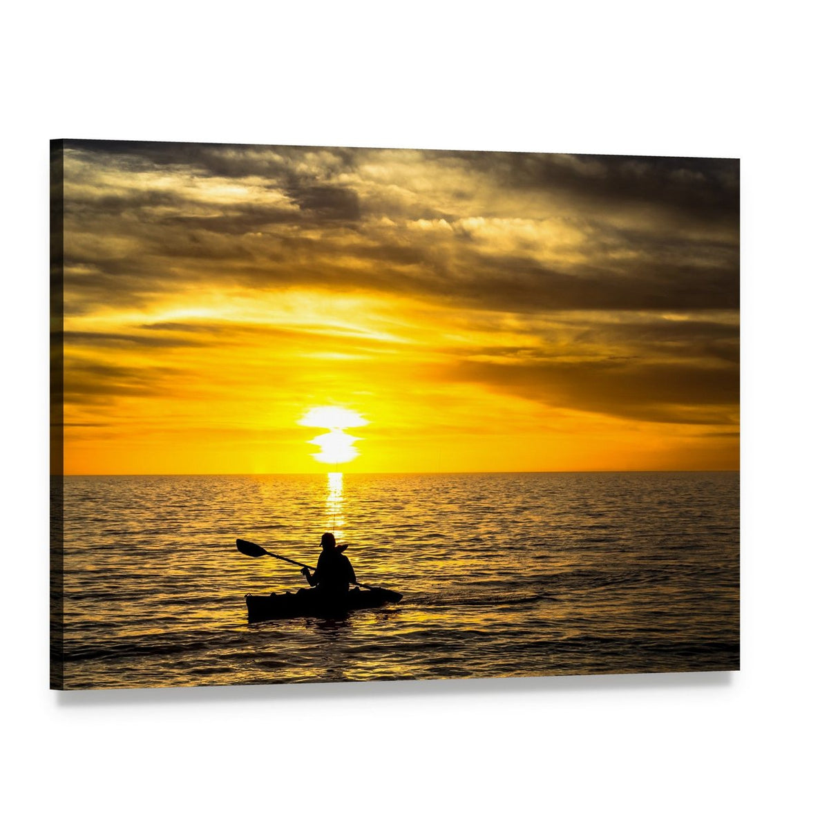 Kayaker at Sunset on Calm Ocean Canvas Wall Art, single panel gallery wrapped canvas, angled product view