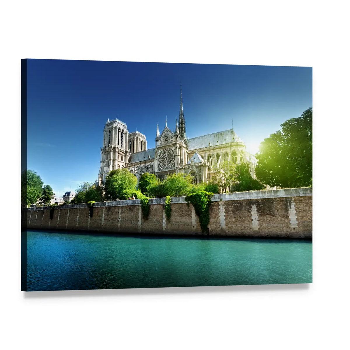 Notre Dame Cathedral Over the Seine Canvas Wall Art, single panel gallery wrapped canvas, angled product view