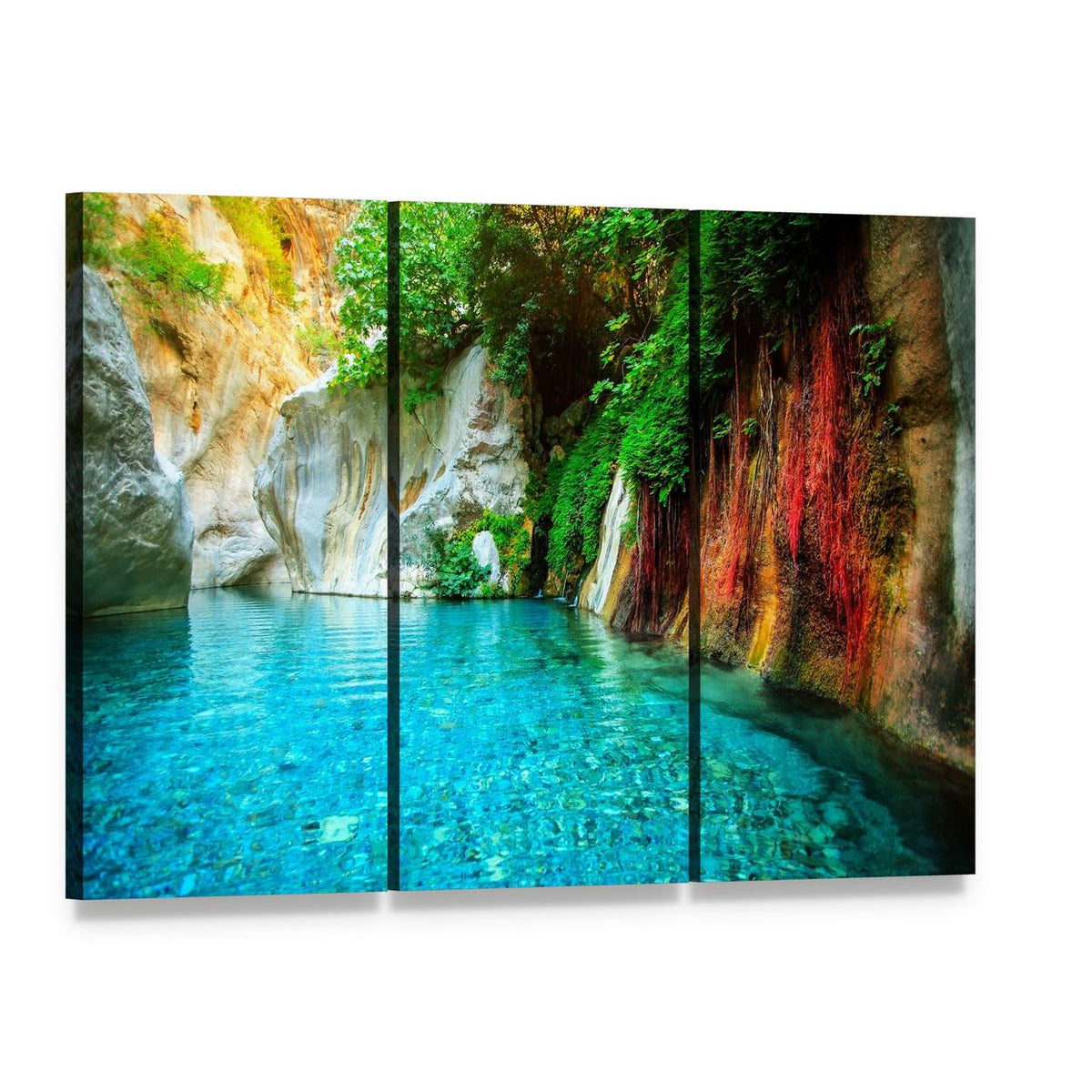Turquoise Lake in Turkey Canvas Wall Art, 3 panel 3 Horizontal layout gallery wrapped canvas set, angled product view