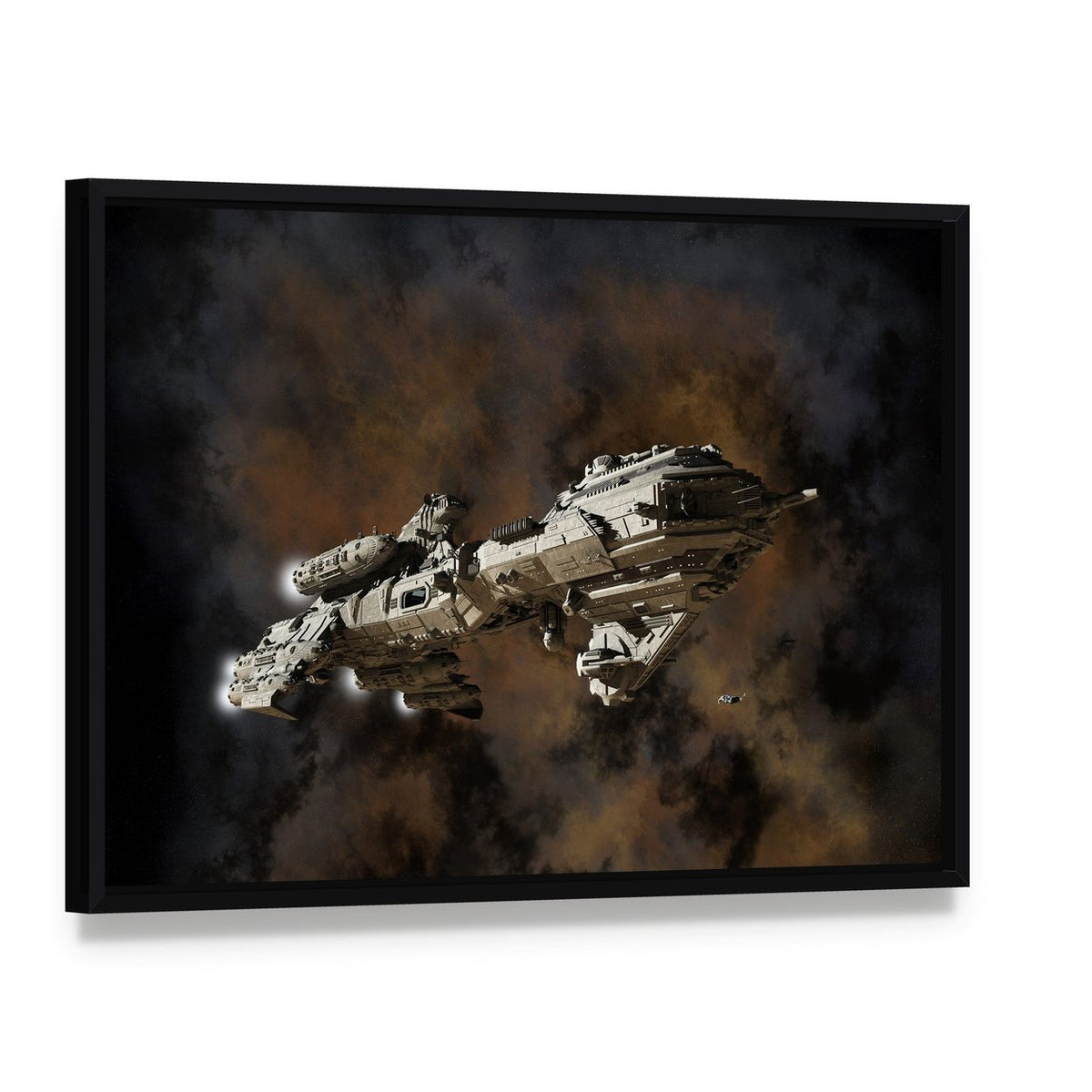 Futuristic Interstellar Escort Frigate Canvas Wall Art, framed canvas in a black floater frame, angled product view