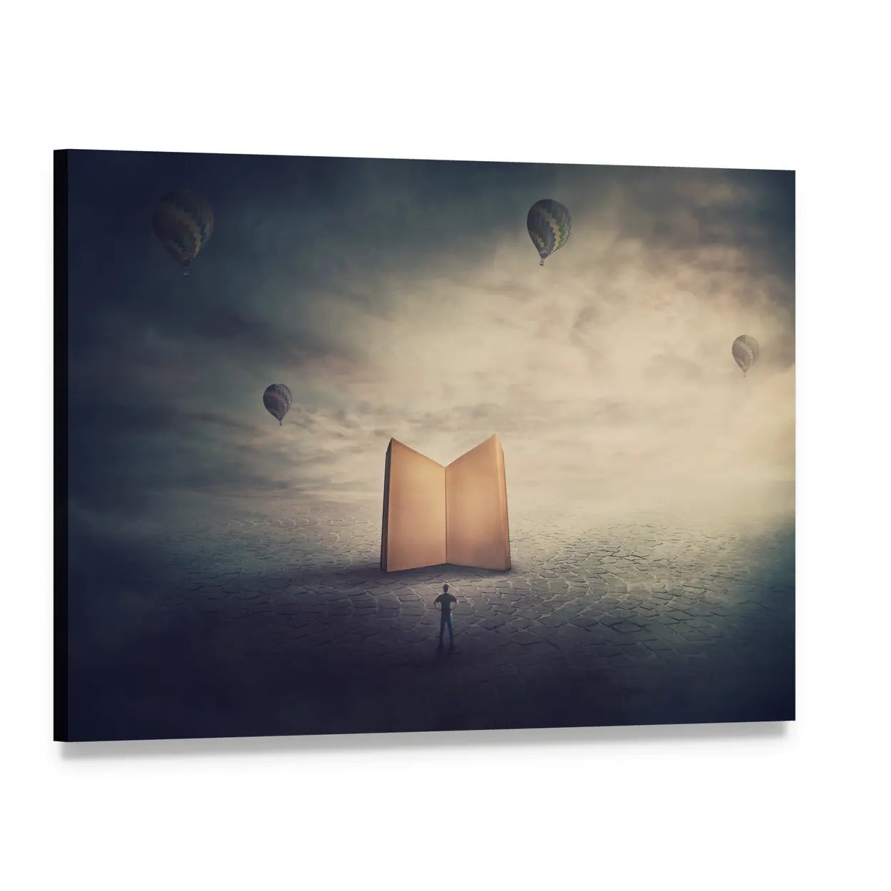 Monolithic Glowing Book Over Parched Desert Canvas Wall Art, single panel gallery wrapped canvas, angled product view