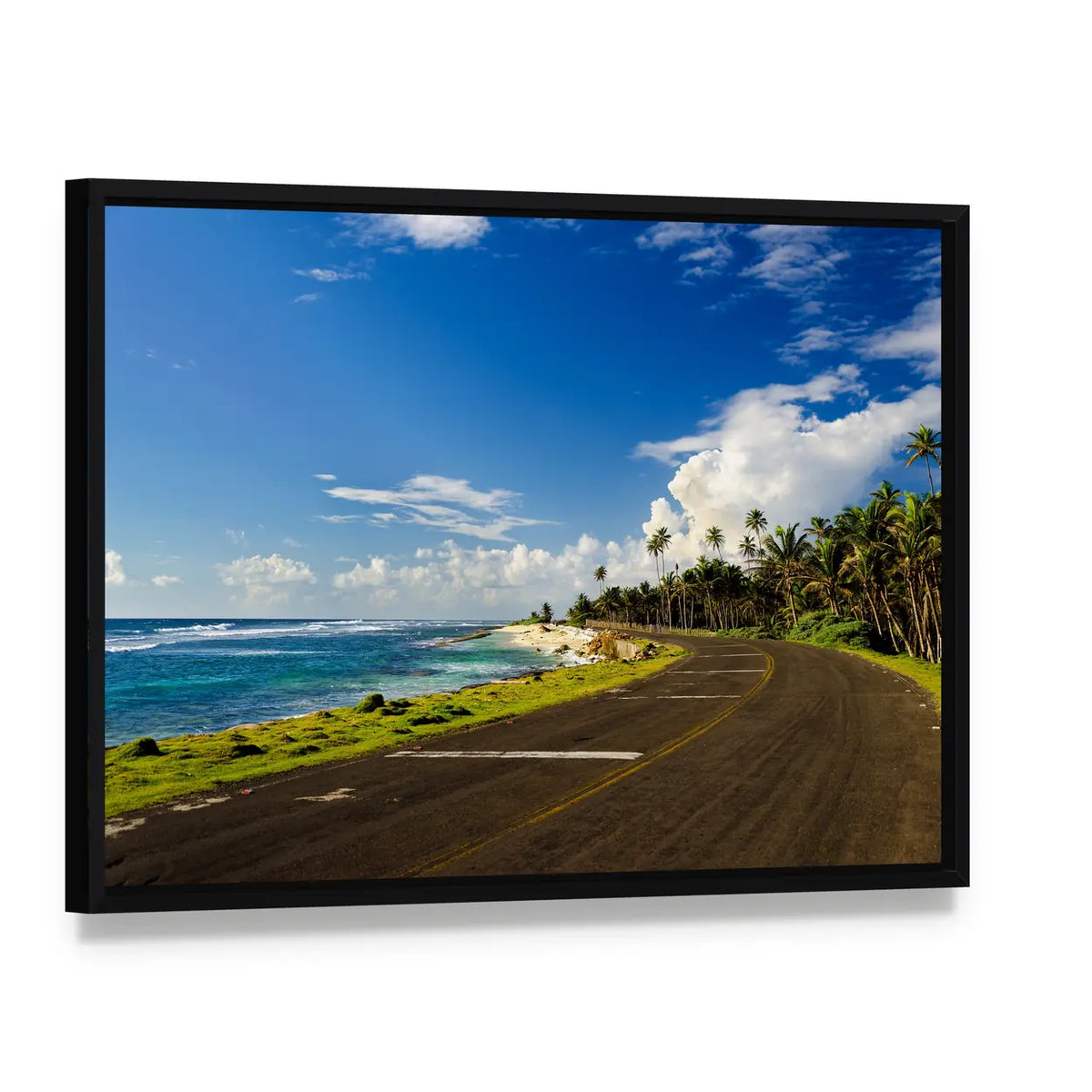 Coastal Road in San Andres Colombia Canvas Wall Art, framed canvas in a black floater frame, angled product view
