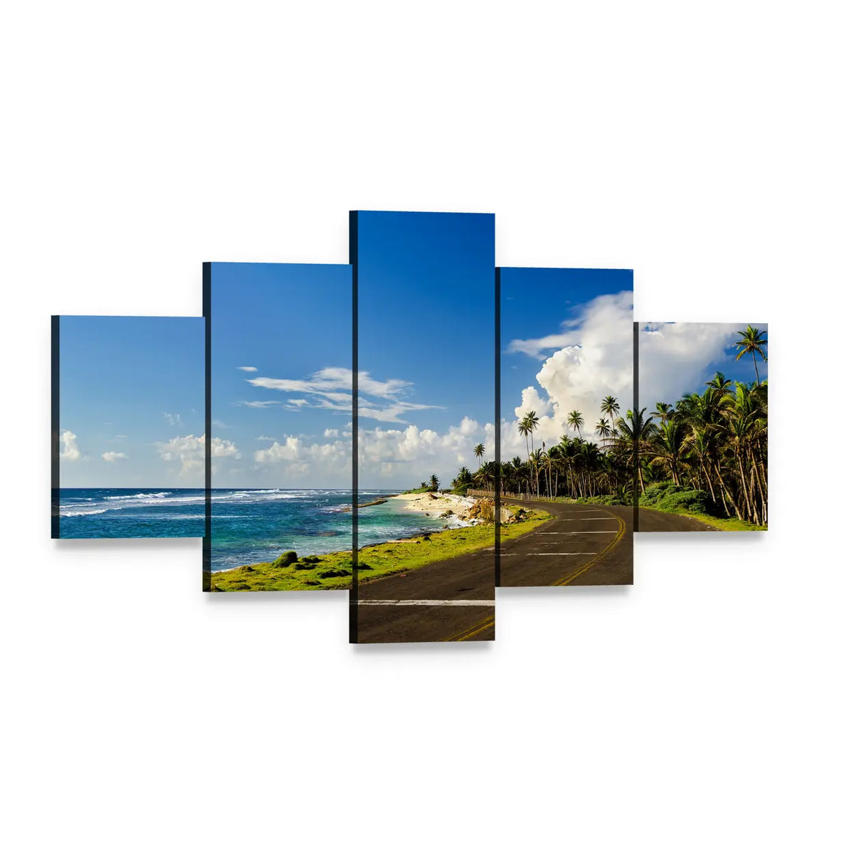 Coastal Road in San Andres Colombia Canvas Wall Art, 5 panel 5 Star layout gallery wrapped canvas set, angled product view