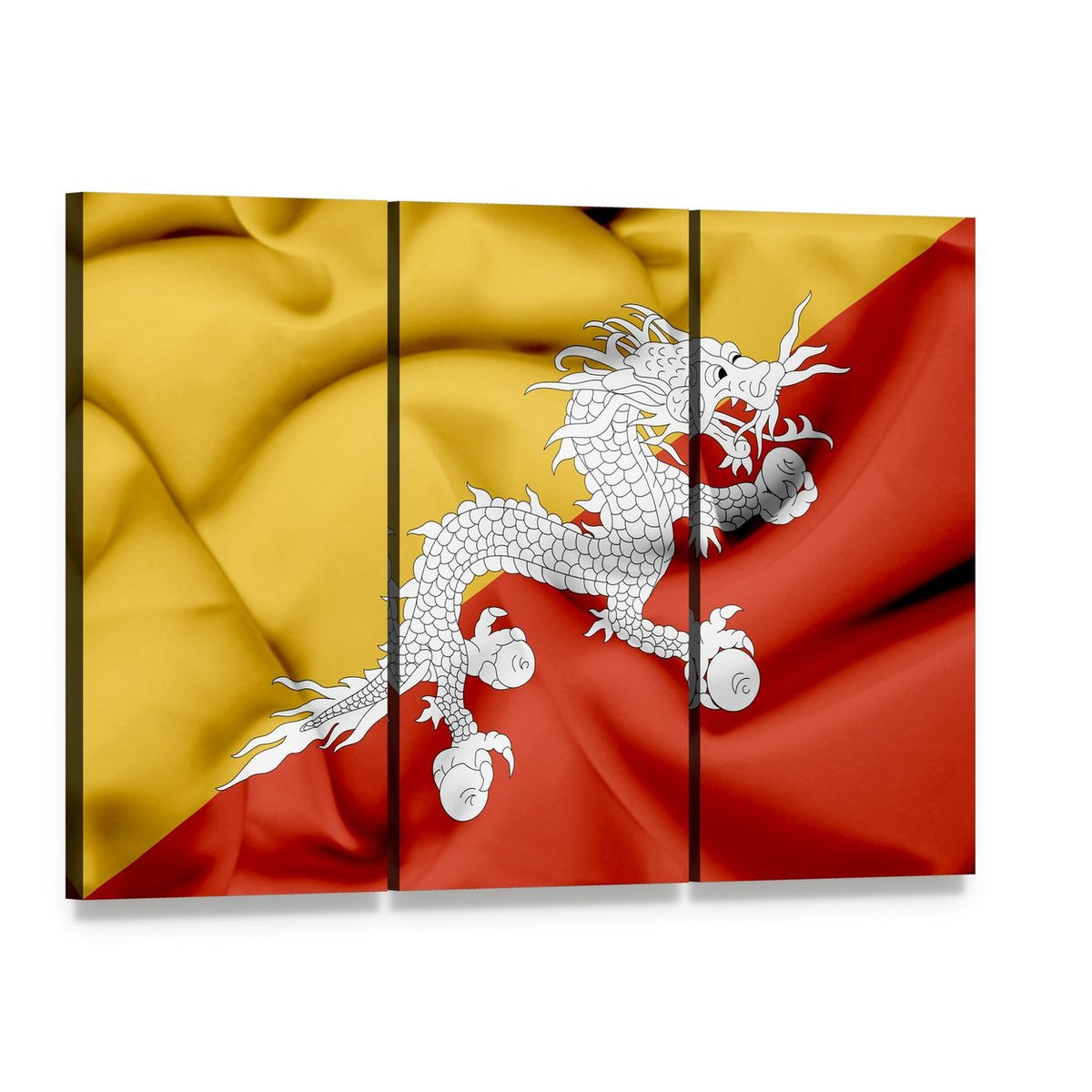 Bhutan Flag with White Dragon Canvas Wall Art, 3 panel 3 Horizontal layout gallery wrapped canvas set, angled product view